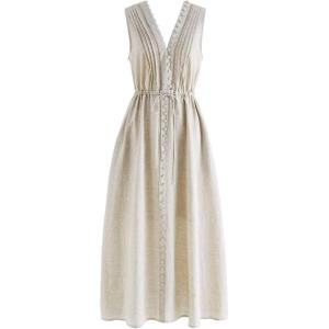 imageCHICWISH Women V Neck Sleeveless Midi Long Dress Casual Button Beach Summer Vacation Linen Midi Dress with Side PocketsLinen