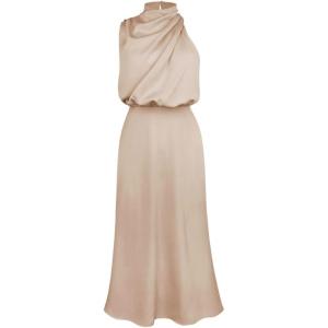 imageCHICWISH Womens ApricotDark GreenBurgundyBlackPistachioTeal Asymmetric Ruched Neckline Sleeveless DressHigh Neckapricot