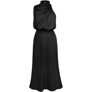 imageCHICWISH Womens ApricotDark GreenBurgundyBlackPistachioTeal Asymmetric Ruched Neckline Sleeveless DressHigh Neckblack