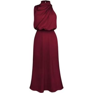 imageCHICWISH Womens ApricotDark GreenBurgundyBlackPistachioTeal Asymmetric Ruched Neckline Sleeveless DressHigh Neckburgundy