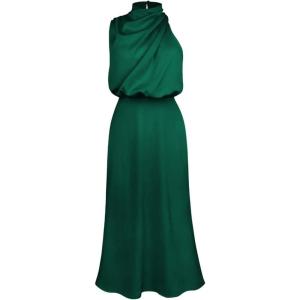 imageCHICWISH Womens ApricotDark GreenBurgundyBlackPistachioTeal Asymmetric Ruched Neckline Sleeveless DressHigh Neckdark Green