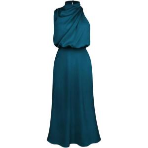imageCHICWISH Womens ApricotDark GreenBurgundyBlackPistachioTeal Asymmetric Ruched Neckline Sleeveless DressHigh Neckteal