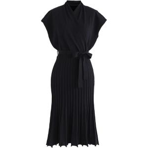 imageCHICWISH Womens Black Bowknot Pleated Sleeveless Wrapped Knit Midi DressBlack