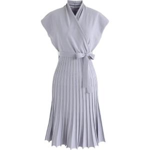 imageCHICWISH Womens Black Bowknot Pleated Sleeveless Wrapped Knit Midi DressLavender