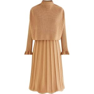 imageCHICWISH Womens CreamApricotBlackTealMint Mock Neck Pleated Knit Twinset DressApricot