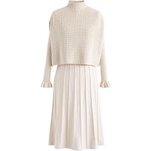 imageCHICWISH Womens CreamApricotBlackTealMint Mock Neck Pleated Knit Twinset DressCream
