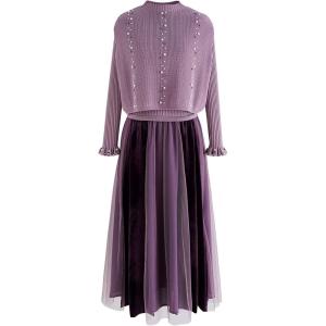 imageCHICWISH Womens CreamApricotBlackTealMint Mock Neck Pleated Knit Twinset DressPurplepearls Trimmed
