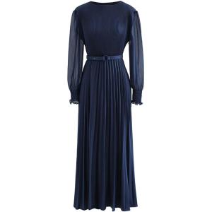 imageCHICWISH Womens LilacYellowDark GreenTan Full Pleated Belted Maxi DressNavy
