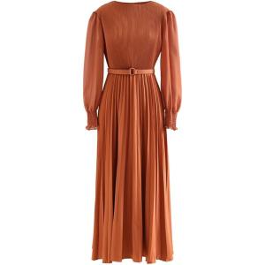 imageCHICWISH Womens LilacYellowDark GreenTan Full Pleated Belted Maxi DressPumpkin