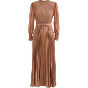 imageCHICWISH Womens LilacYellowDark GreenTan Full Pleated Belted Maxi DressTan