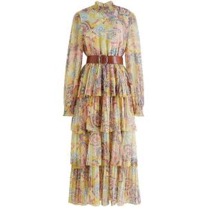 imageCHICWISH Womens RedPinkYellow Paisley Printed Ruffle Shirred Mock Neck Long Sleeve Belted Layered Tiered Chiffon DressYellow