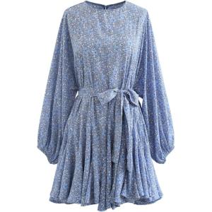 imageCHICWISH Womens Rose PaintingNavy FloralGreen Floret Bubble Sleeves Frilling Mini DressBlue Floret