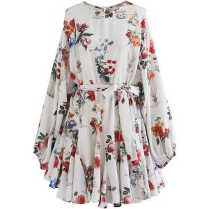 imageCHICWISH Womens Rose PaintingNavy FloralGreen Floret Bubble Sleeves Frilling Mini DressFascinating Floral