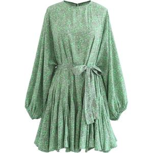 imageCHICWISH Womens Rose PaintingNavy FloralGreen Floret Bubble Sleeves Frilling Mini DressGreen Floret
