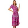 imageCHICWISH Women Eyelet Embroidery Midi Dress Short Bubble Sleeves V Neck Button Front Magenta Summer Cotton Dress with SlitPurple