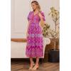 imageCHICWISH Women Eyelet Embroidery Midi Dress Short Bubble Sleeves V Neck Button Front Magenta Summer Cotton Dress with SlitPurple