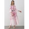 imageCHICWISH Women Long Sleeve Maxi Dress Watercolor Floral Print Crewneck Casual Pleated Summer Long Dresses with BeltPink