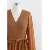 imageCHICWISH Womens CaramelBlackBlueCream Knit Spliced SelfTie Pleated Wrap Midi DressCaramel