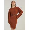 imageCHICWISH Womens CaramelGreen Lantern Sleeve Round Neck Ribbed Sweater DressCaramel