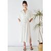 imageCHICWISH Womens ShortSleeve Midi Button Front Shirt Dresses V Neck Casual High Waist Slits Cotton Midi Dress with BeltIvory