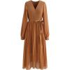 imageCHICWISH Womens CaramelBlackBlueCream Knit Spliced SelfTie Pleated Wrap Midi DressCaramel