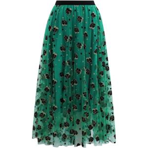 imageCHICWISH Green Tulle Midi Skirt Elegant Glitter Velvet Rose Mesh Skirts High Waist ALine Layered Midi Long Tutu SkirtsGreen