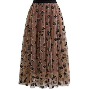 imageCHICWISH Green Tulle Midi Skirt Elegant Glitter Velvet Rose Mesh Skirts High Waist ALine Layered Midi Long Tutu SkirtsLight Tan