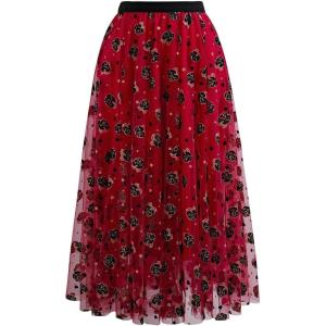 imageCHICWISH Green Tulle Midi Skirt Elegant Glitter Velvet Rose Mesh Skirts High Waist ALine Layered Midi Long Tutu SkirtsRed