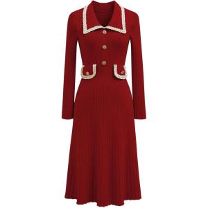 imageCHICWISH Midi Sweater Dress for Women Collared Braided Edge Long Sleeve Knit Dresses Fall Winter Elegant DressRed