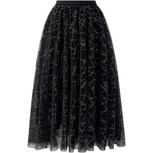 imageCHICWISH Sequin Midi Skirt for Women Embroidery Sparkle Tulle Skirt Fairy Mesh Layered High Elastic Waist SkirtsBlack