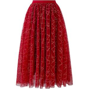 imageCHICWISH Sequin Midi Skirt for Women Embroidery Sparkle Tulle Skirt Fairy Mesh Layered High Elastic Waist SkirtsRed