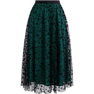 imageCHICWISH Tulle Skirts for Women Velvet Snowflake Mesh Fairy Skirt Elastic High Waist ALine Layered Midi SkirtDark Green