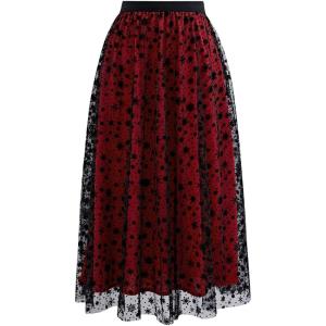 imageCHICWISH Tulle Skirts for Women Velvet Snowflake Mesh Fairy Skirt Elastic High Waist ALine Layered Midi SkirtRed