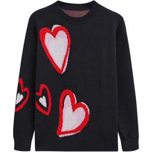 imageCHICWISH Women Casual Heart Pattern Knit Sweater Crew Neck Long Sleeve Valentines Soft Cute Pullover Sweater TopBlack