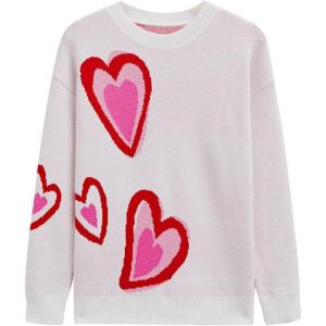 imageCHICWISH Women Casual Heart Pattern Knit Sweater Crew Neck Long Sleeve Valentines Soft Cute Pullover Sweater TopWhite