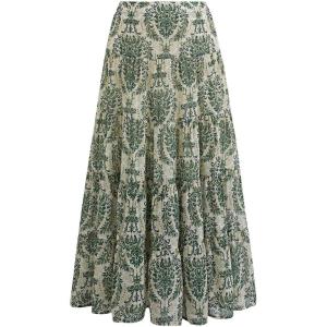 imageCHICWISH Women Chiffon Maxi Skirt Damask Print Elastic High Waist Tiered Pleated Flowy Long SkirtGreen