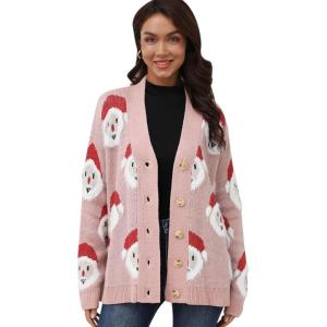imageCHICWISH Women Christmas Santa Sweaters Cardigan V Neck Long Sleeve Cute Funny Button Holiday Chunky Xmas Knit CardigansPink
