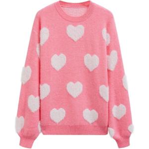 imageCHICWISH Women Cute Fuzzy Hearts Knit Sweaters Soft Long Sleeve Crewneck Romantic Valentine Party Pullover TopsCandy Pink