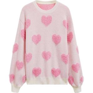 imageCHICWISH Women Cute Fuzzy Hearts Knit Sweaters Soft Long Sleeve Crewneck Romantic Valentine Party Pullover TopsLight Pink