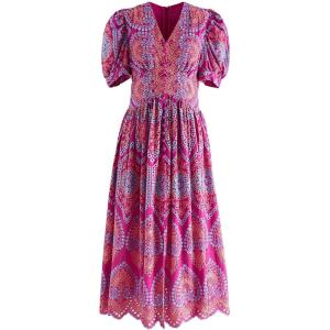 imageCHICWISH Women Eyelet Embroidery Midi Dress Short Bubble Sleeves V Neck Button Front Magenta Summer Cotton Dress with SlitPurple