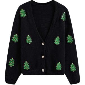 imageCHICWISH Women Knit Cardigan Sequin Christmas Tree VNeck Christmas Cardigan Cute Xmas Holiday Sweaters CardiganBlackchristmas Tree