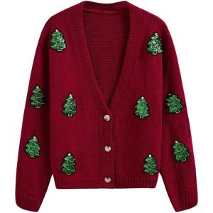 imageCHICWISH Women Knit Cardigan Sequin Christmas Tree VNeck Christmas Cardigan Cute Xmas Holiday Sweaters CardiganRedchristmas Tree