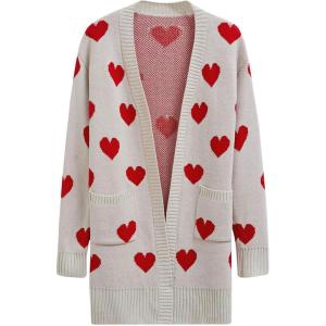 imageCHICWISH Women Knit Open Front Cardigans Cute Heart Pattern Long Sleeve Chunky Casual Cardigan Sweaters With PocketsIvory