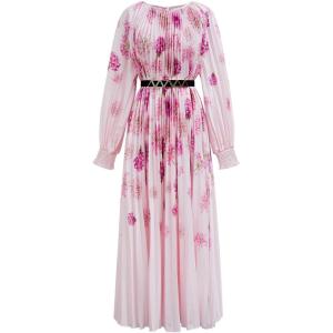 imageCHICWISH Women Long Sleeve Maxi Dress Watercolor Floral Print Crewneck Casual Pleated Summer Long Dresses with BeltPink