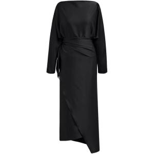imageCHICWISH Women Satin Long Sleeve Maxi Dress Elegant Boat Neck Wrapped Waist Casual Magenta Spring DressesBlack