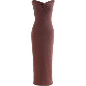 imageCHICWISH Women Strapless Long Maxi Dress Sexy Bodycon Twist Knot Front Knit Dress Off Shoulder Sleeveless Cocktail DressesBrown