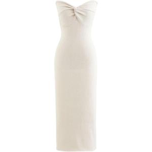 imageCHICWISH Women Strapless Long Maxi Dress Sexy Bodycon Twist Knot Front Knit Dress Off Shoulder Sleeveless Cocktail DressesIvory