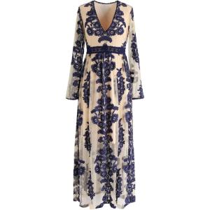 imageCHICWISH Women V Neck Floral Embroidered Mesh Maxi Dress Long Sleeve High Waist ALine Cocktail Party Elegant Long DressNavy