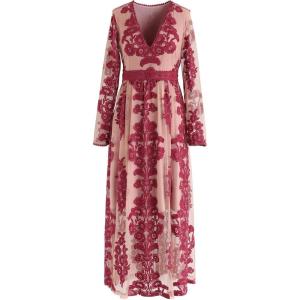 imageCHICWISH Women V Neck Floral Embroidered Mesh Maxi Dress Long Sleeve High Waist ALine Cocktail Party Elegant Long DressWine