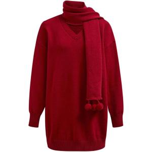 imageCHICWISH Women V Neck Knit Sweater Dress Long Sleeve Soft Casual Trendy Holiday Pullover Mini Dress with PomPom ScarfRed